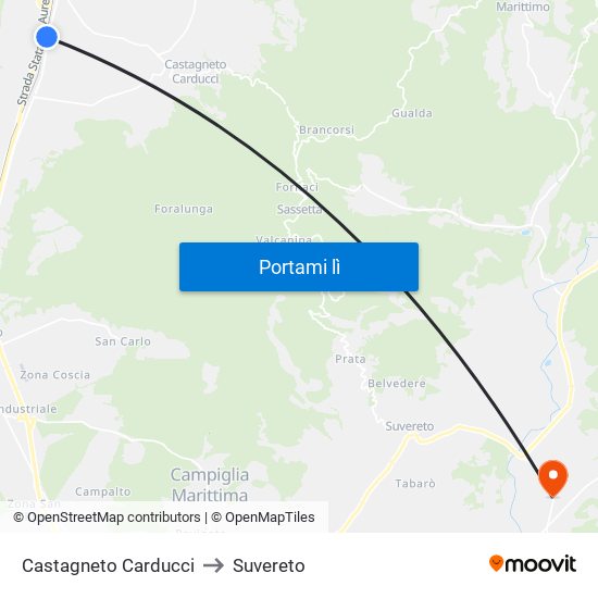Castagneto Carducci to Suvereto map