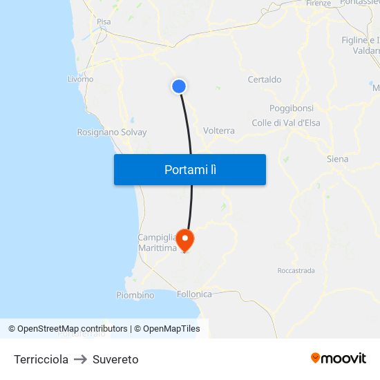 Terricciola to Suvereto map