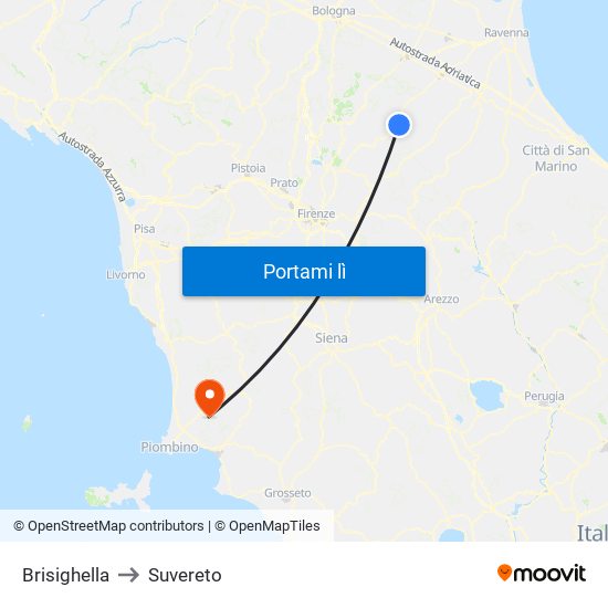 Brisighella to Suvereto map