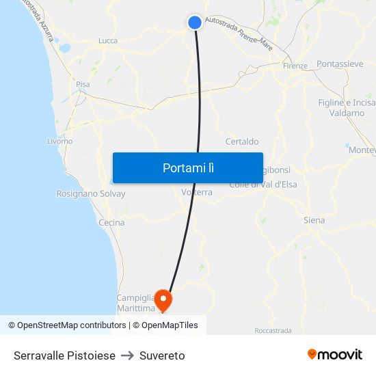 Serravalle Pistoiese to Suvereto map
