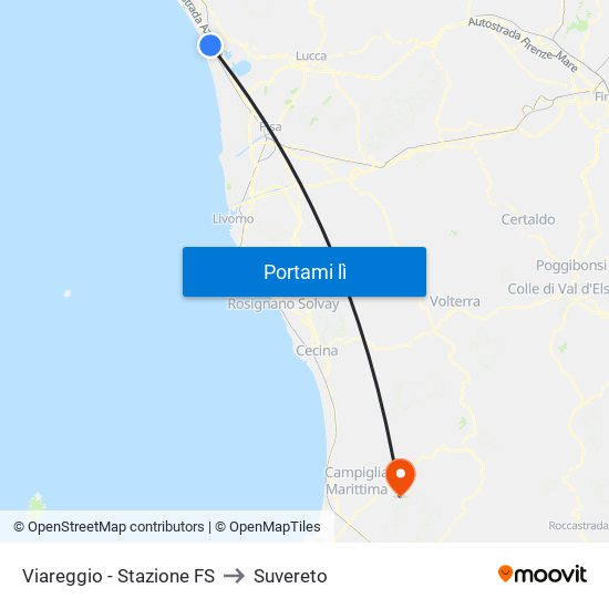 Viareggio Stazione FS to Suvereto map