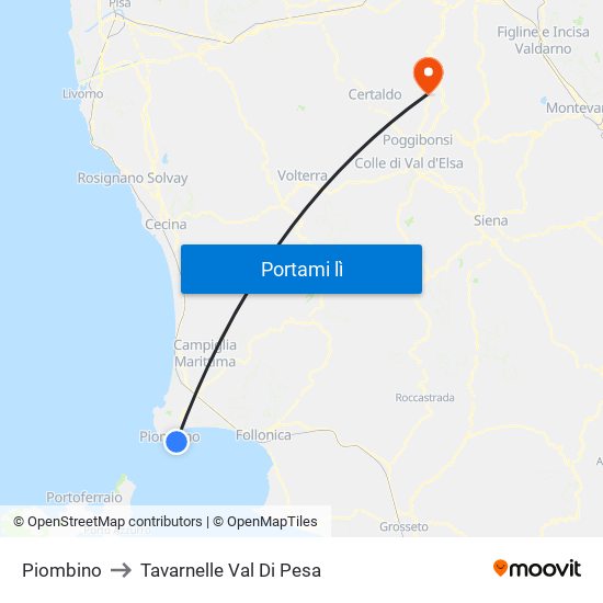 Piombino to Tavarnelle Val Di Pesa map