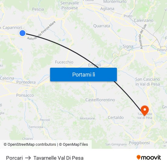 Porcari to Tavarnelle Val Di Pesa map