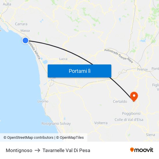 Montignoso to Tavarnelle Val Di Pesa map