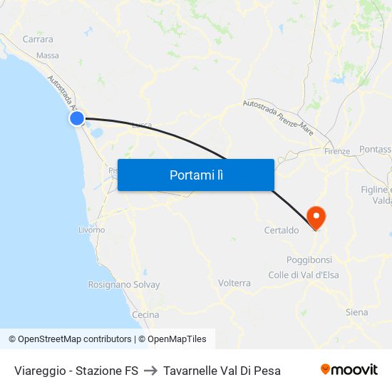 Viareggio Stazione FS to Tavarnelle Val Di Pesa map