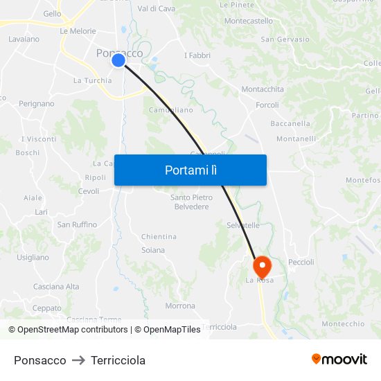 Ponsacco to Terricciola map