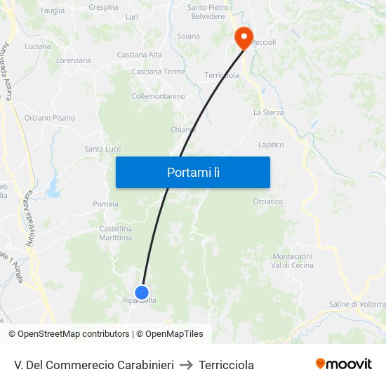 V. Del Commerecio Carabinieri to Terricciola map