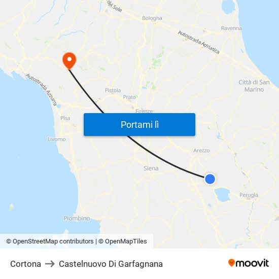 Cortona to Castelnuovo Di Garfagnana map