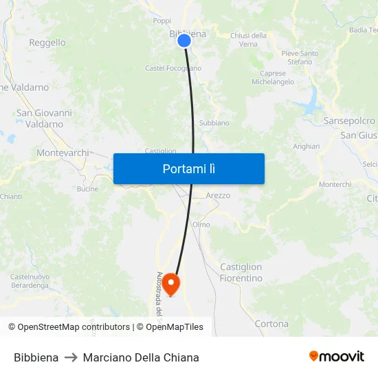 Bibbiena to Marciano Della Chiana map