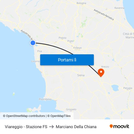 Viareggio Stazione FS to Marciano Della Chiana map