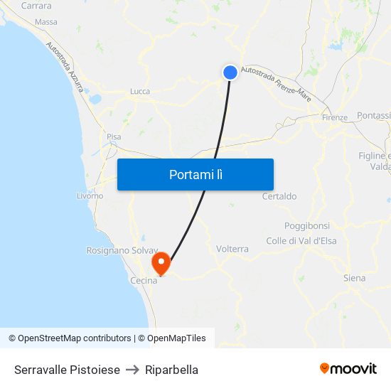 Serravalle Pistoiese to Riparbella map