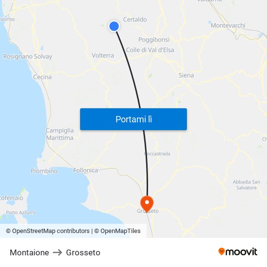 Montaione to Grosseto map