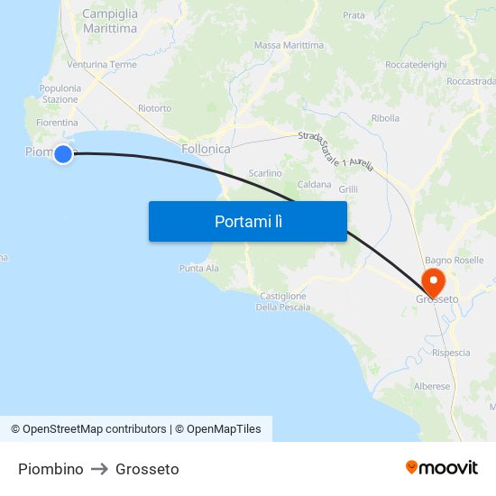 Piombino to Grosseto map