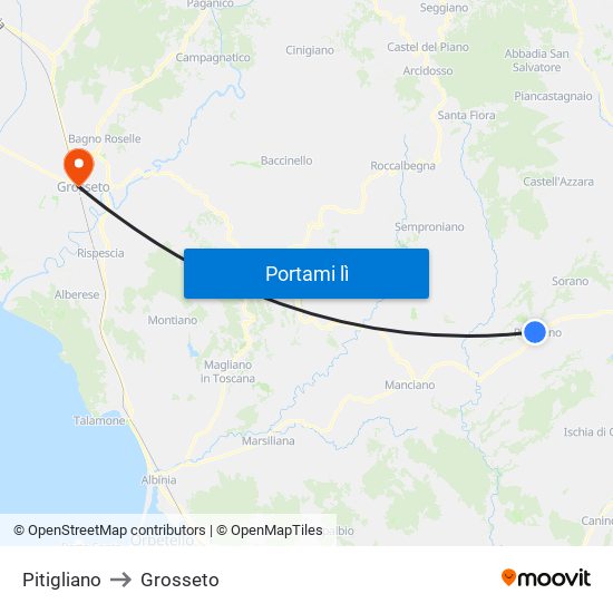 Pitigliano to Grosseto map