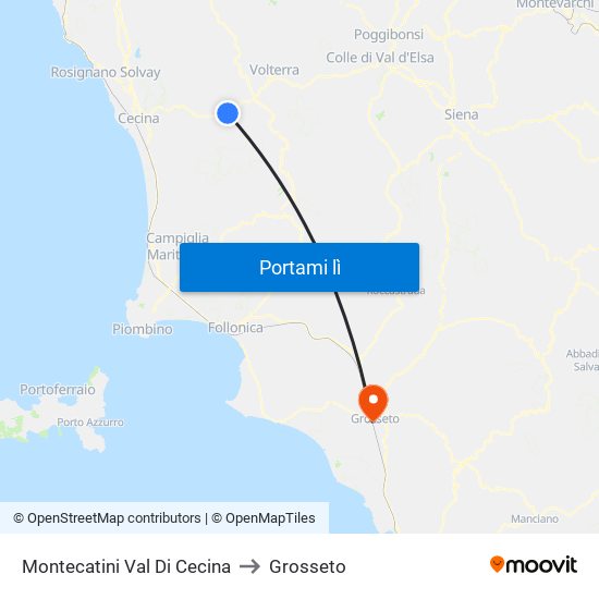 Montecatini Val Di Cecina to Grosseto map