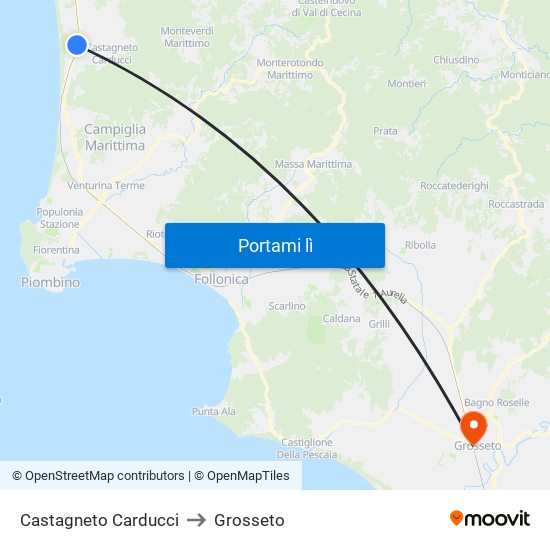 Castagneto Carducci to Grosseto map