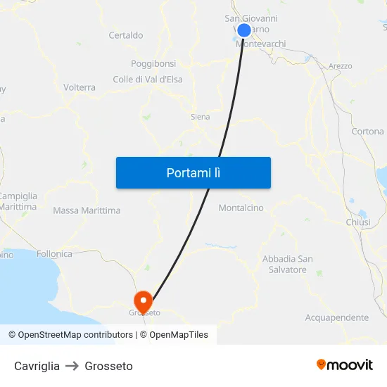 Cavriglia to Grosseto map