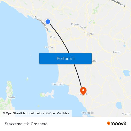 Stazzema to Grosseto map