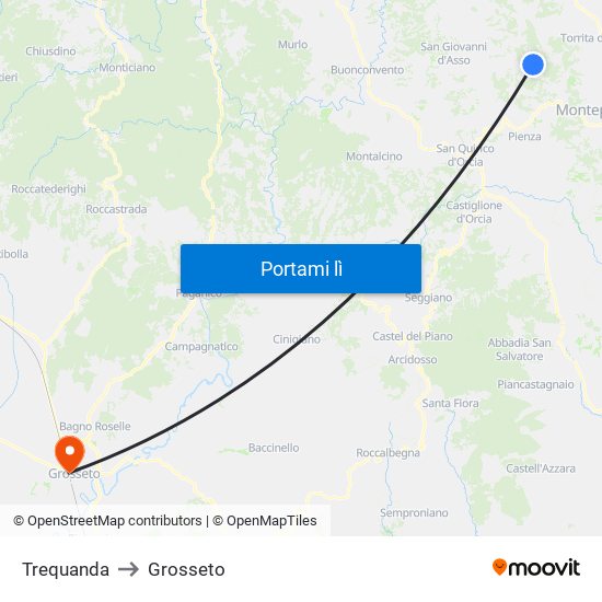 Trequanda to Grosseto map