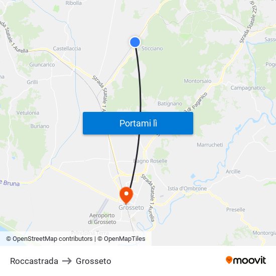 Roccastrada to Grosseto map