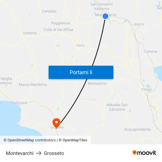 Montevarchi to Grosseto map