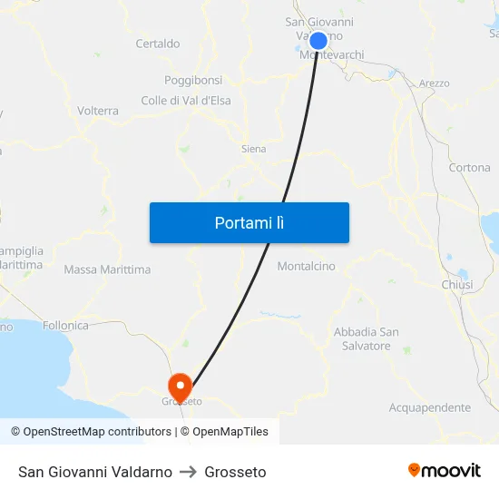 San Giovanni Valdarno to Grosseto map