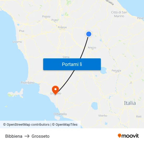 Bibbiena to Grosseto map