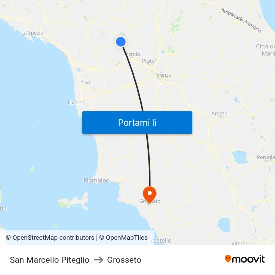 San Marcello Piteglio to Grosseto map