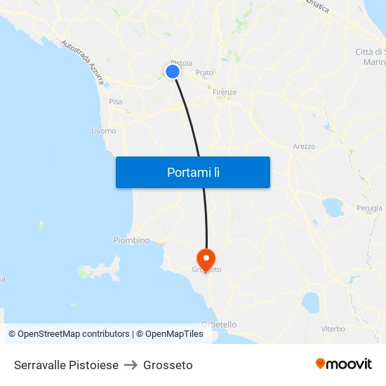 Serravalle Pistoiese to Grosseto map