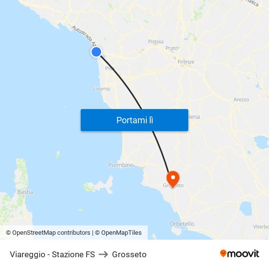 Viareggio Stazione FS to Grosseto map