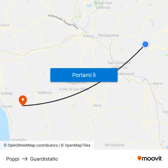 Poppi to Guardistallo map