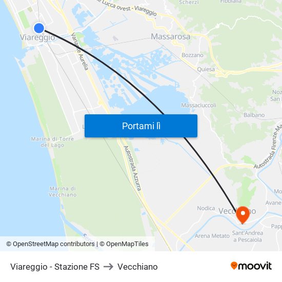 Viareggio Stazione FS to Vecchiano map