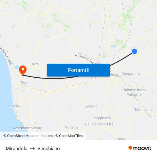 Mirandola to Vecchiano map