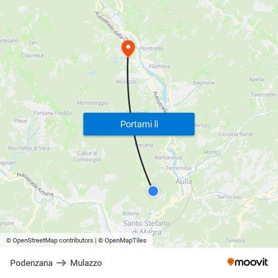 Podenzana to Mulazzo map
