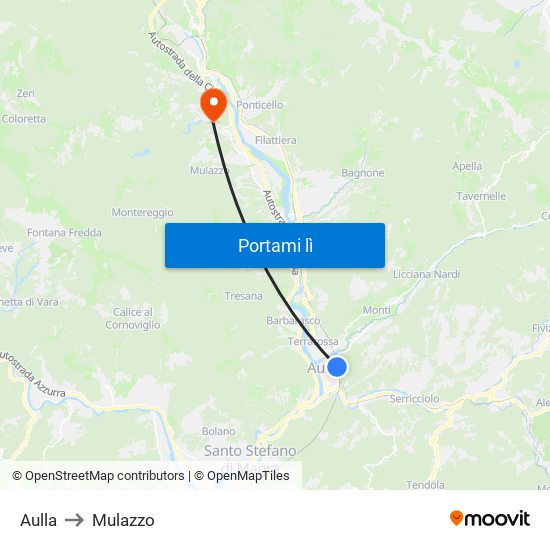 Aulla to Mulazzo map