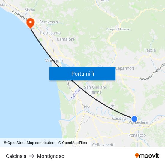 Calcinaia to Montignoso map