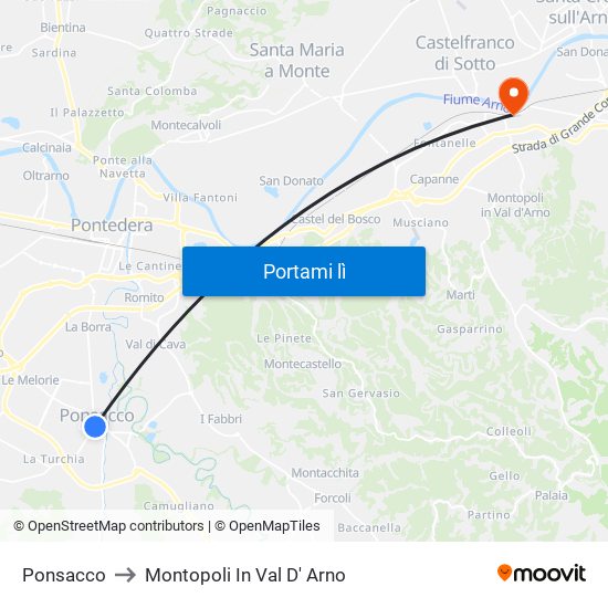 Ponsacco to Montopoli In Val D' Arno map