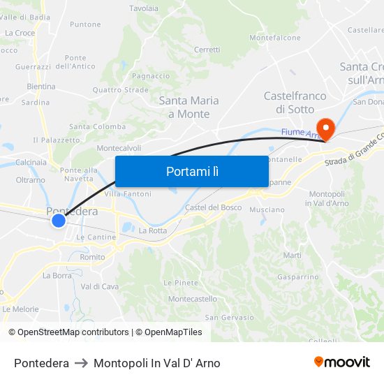 Pontedera to Montopoli In Val D' Arno map