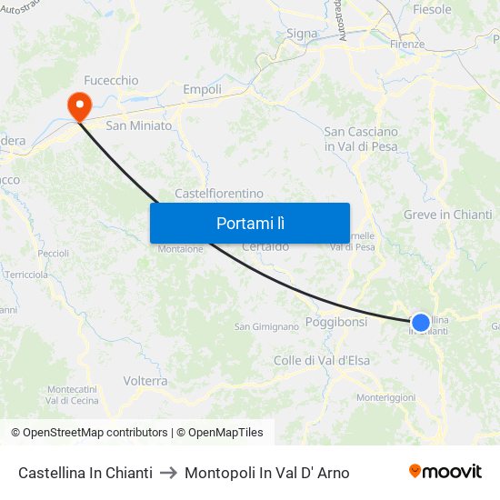 Castellina In Chianti to Montopoli In Val D' Arno map