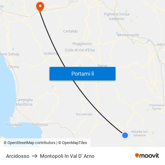 Arcidosso to Montopoli In Val D' Arno map