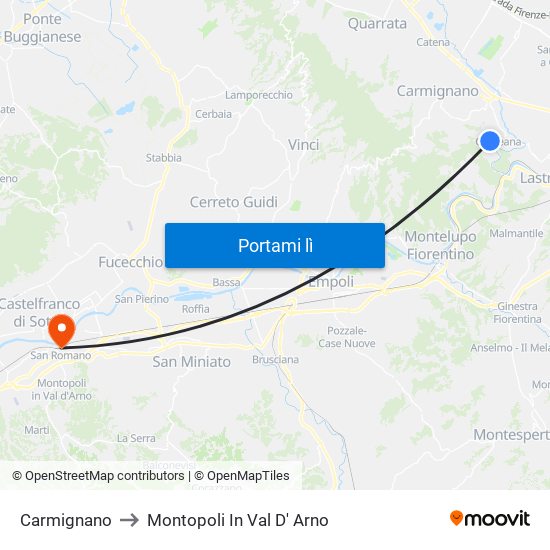 Carmignano to Montopoli In Val D' Arno map