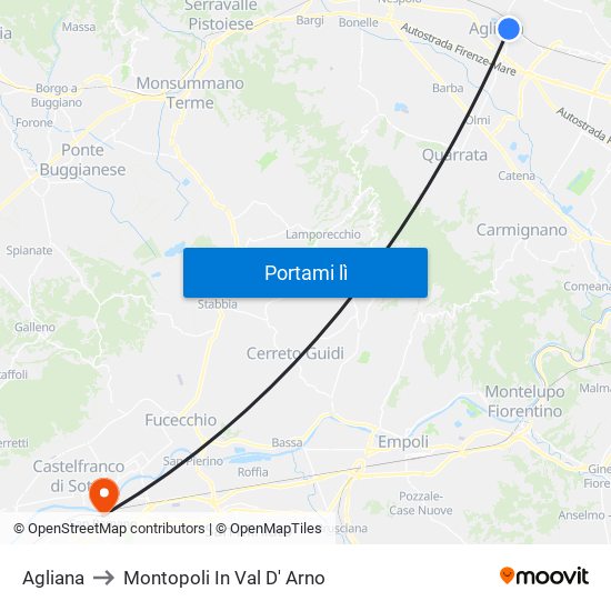 Agliana to Montopoli In Val D' Arno map