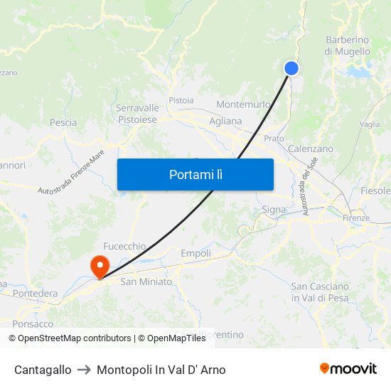 Cantagallo to Montopoli In Val D' Arno map