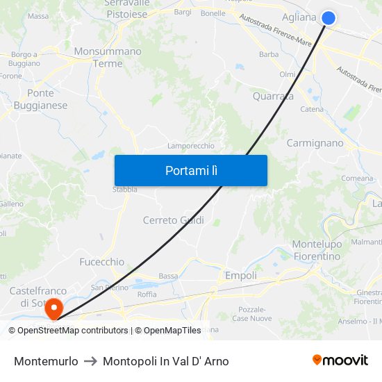 Montemurlo to Montopoli In Val D' Arno map