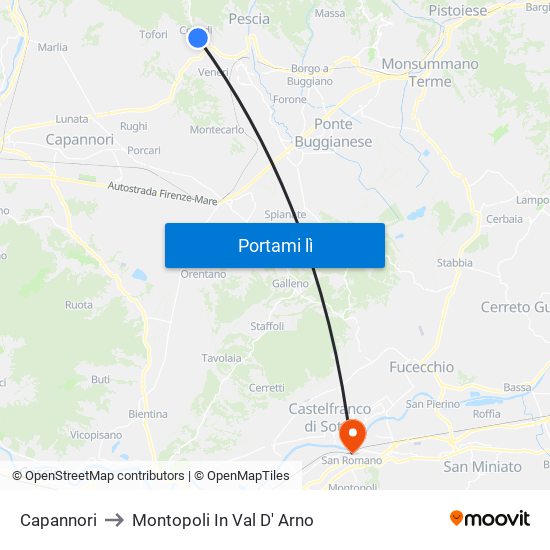 Capannori to Montopoli In Val D' Arno map