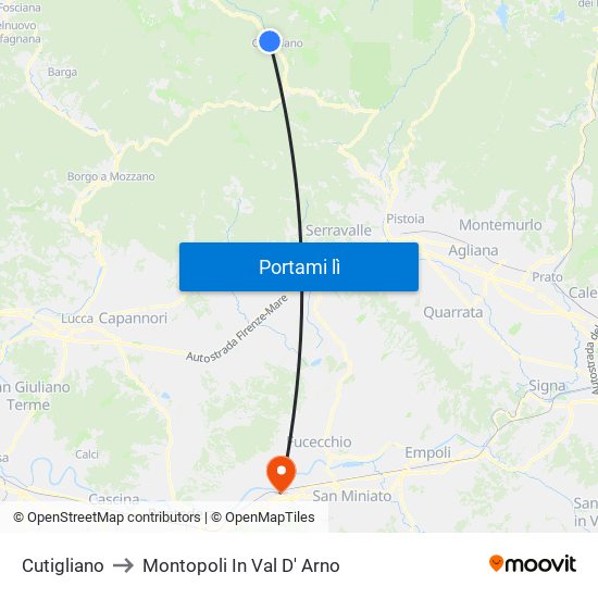 Cutigliano to Montopoli In Val D' Arno map