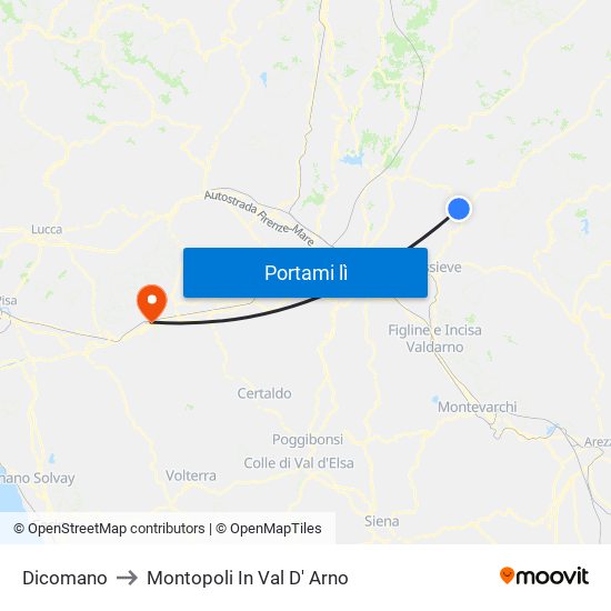 Dicomano to Montopoli In Val D' Arno map