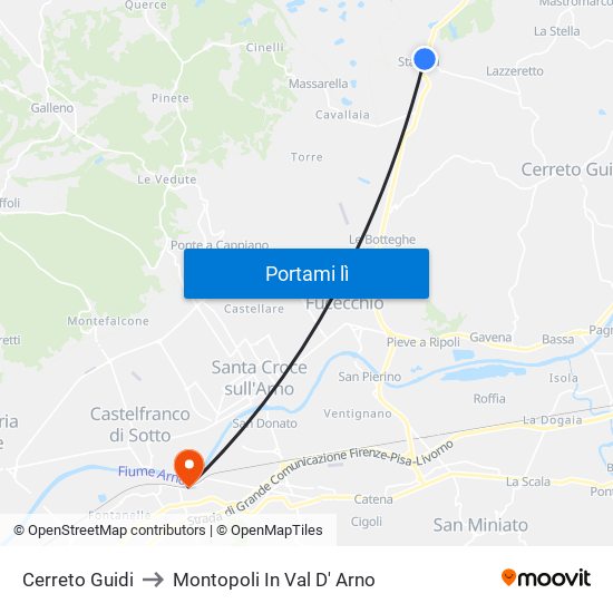 Cerreto Guidi to Montopoli In Val D' Arno map
