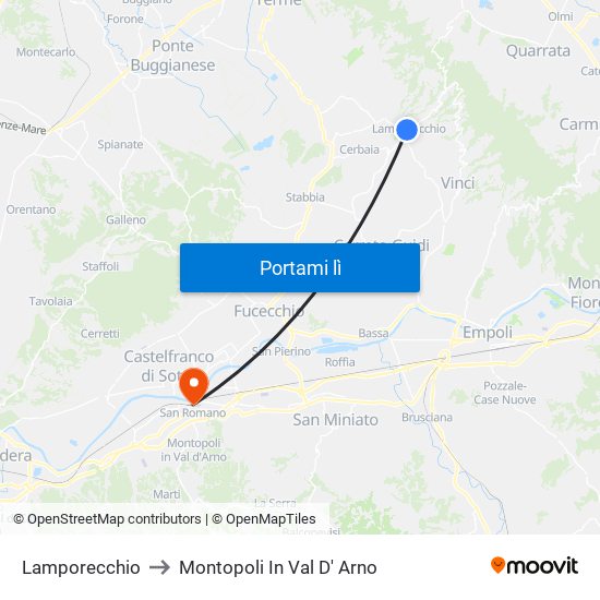 Lamporecchio to Montopoli In Val D' Arno map