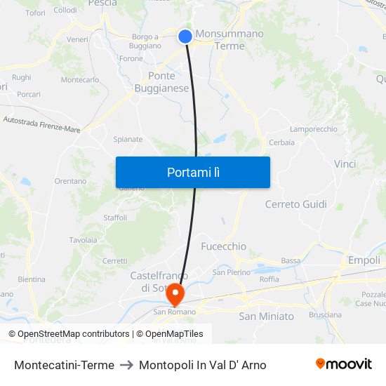 Montecatini-Terme to Montopoli In Val D' Arno map